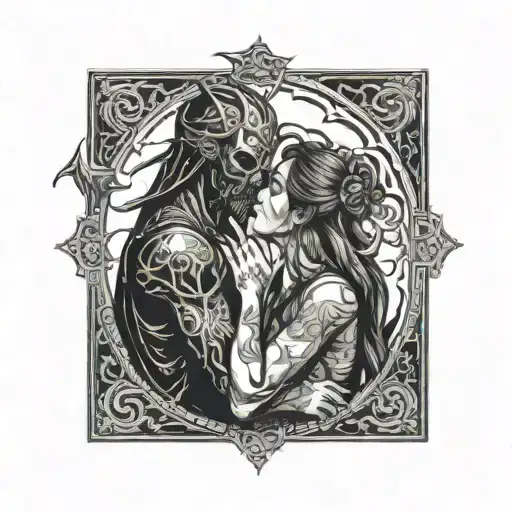 Diablo and girl kissing each other tattoo design idea