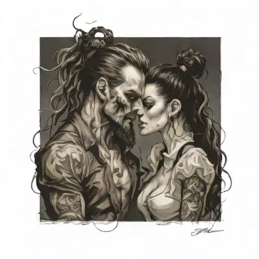 Diablo with bun, curly hair without beard and gentlegirl with straight hair kissing each other tattoo design idea