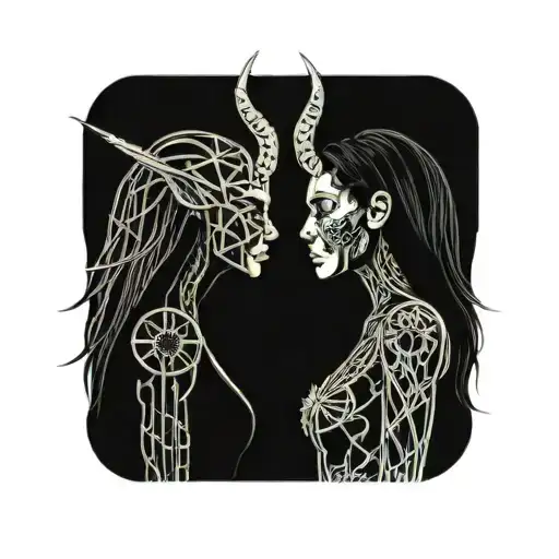 diablo  with hornes and girl with straight hair kissing each other, only hands of the diablo on the neck of the girl tattoo design idea