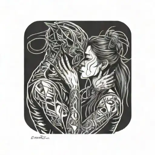 diablo and girl with straight hair kissing each other, hands of the diablo on the neck of the girl tattoo design idea