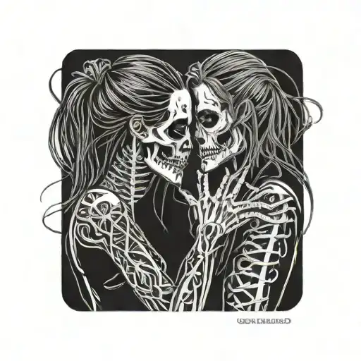 diablo skull and gentlegirl with straight hair kissing each other diablo's hand on the girl's neck tattoo design idea