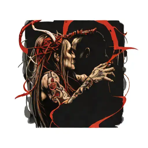 diablo  with hornes and girl with straight hair kissing each other, only hands of the diablo on the neck of the girl tattoo design idea