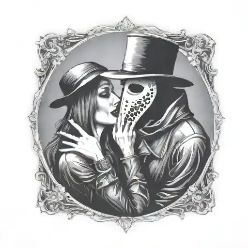 plague doctor with beautiful girl kiss each other with his hand on her neck tattoo design idea
