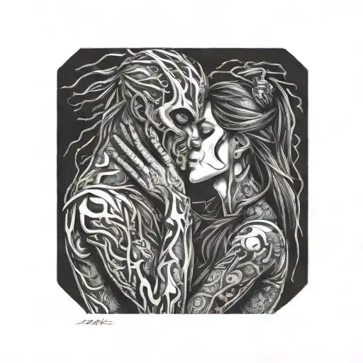 diablo and girl with straight hair kissing each other, hands of the diablo on the neck of the girl tattoo design idea