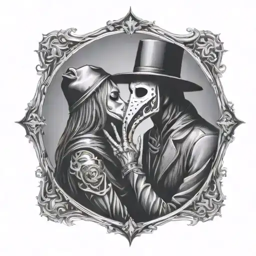 plague doctor with beautiful girl kiss each other with his hand on her neck tattoo design idea