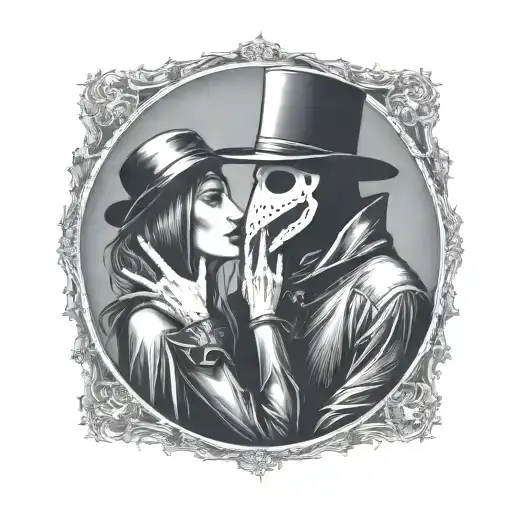 plague doctor with beautiful girl kiss each other with his hand on her neck tattoo design idea