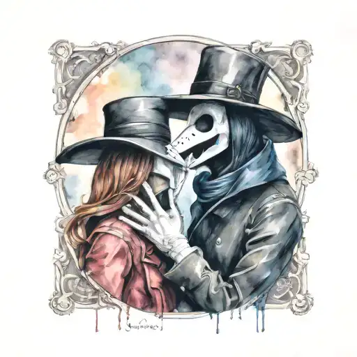 plague doctor with beautiful girl kiss each other with his hand on her neck tattoo design idea