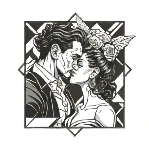 Diablo with bun and curly hair and gentlegirl kissing each other side tattoo design idea