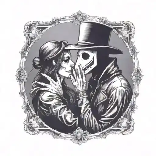 plague doctor with beautiful girl kiss each other with his hand on her neck tattoo design idea