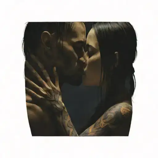 diablo and girl with straight hair kissing each other, only hands of the diablo on the neck of the girl tattoo design idea