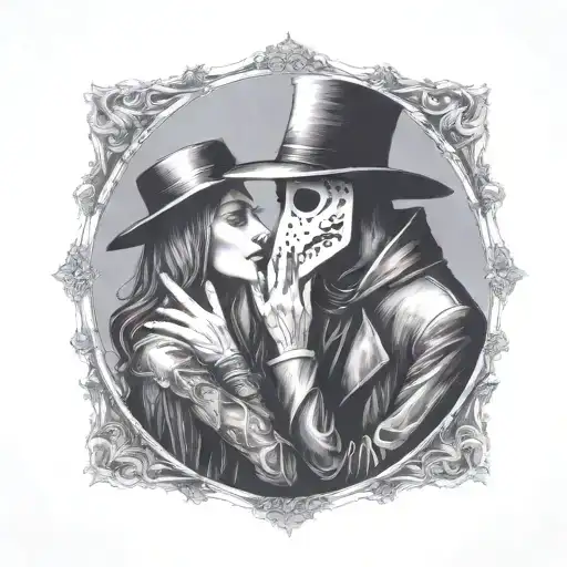 plague doctor with beautiful girl kiss each other with his hand on her neck tattoo design idea