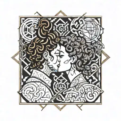 Diablo with bun and curly hair and gentlegirl kissing each other side tattoo design idea