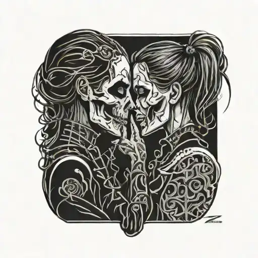 diablo skull and gentlegirl with straight hair kissing each other hand of the diablo on the neck of the girl tattoo design idea