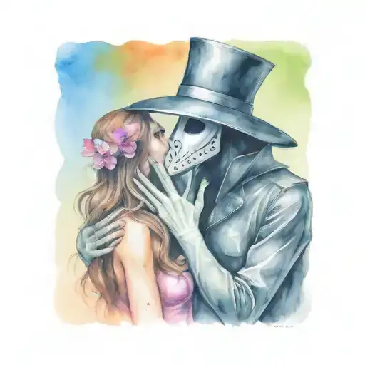 plague doctor with beautiful girl kiss each other with his hand on her neck tattoo design idea