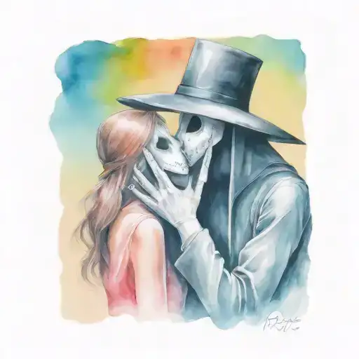 plague doctor with beautiful girl kiss each other with his hand on her neck tattoo design idea