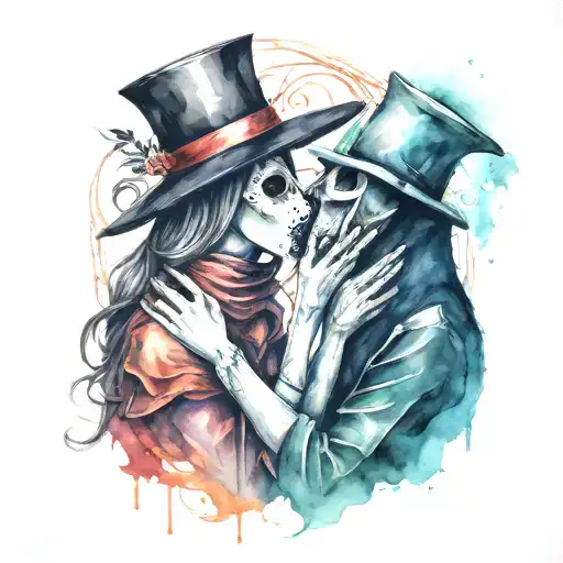 plague doctor with beautiful girl kiss each other with his hand on her neck tattoo design idea