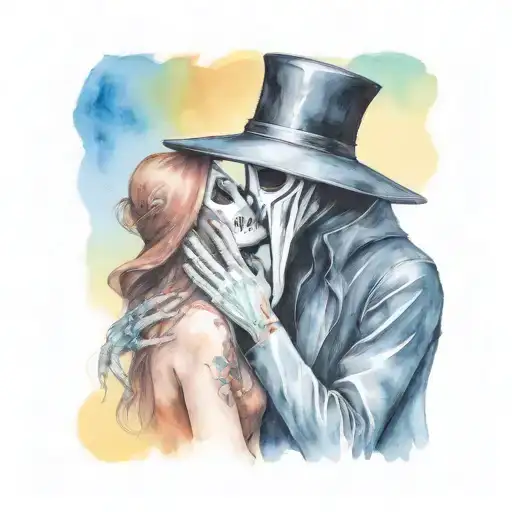 plague doctor with beautiful girl kiss each other with his hand on her neck tattoo design idea
