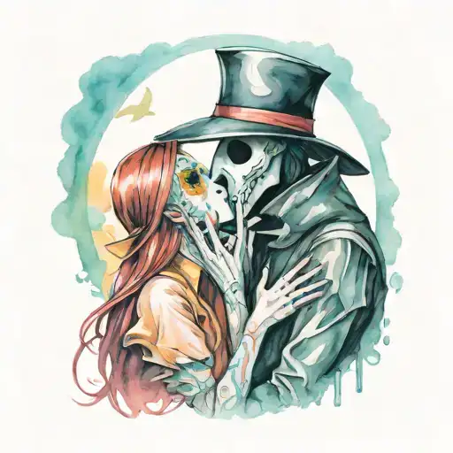 plague doctor with beautiful girl kiss each other with his hand on her neck tattoo design idea