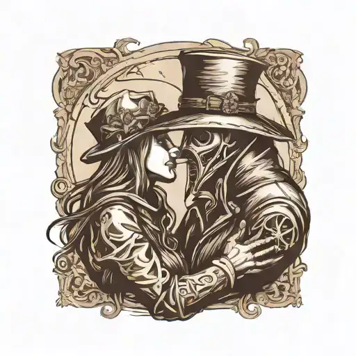 plague doctor with beautiful girl kissing each other with his hand on her neck tattoo design idea