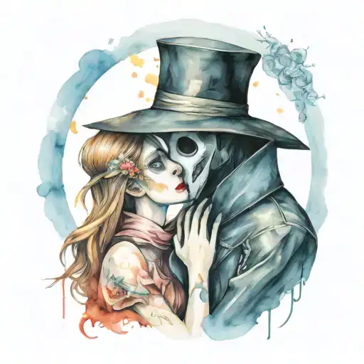 plague doctor with beautiful girl kiss each other with his hand on her neck tattoo design idea