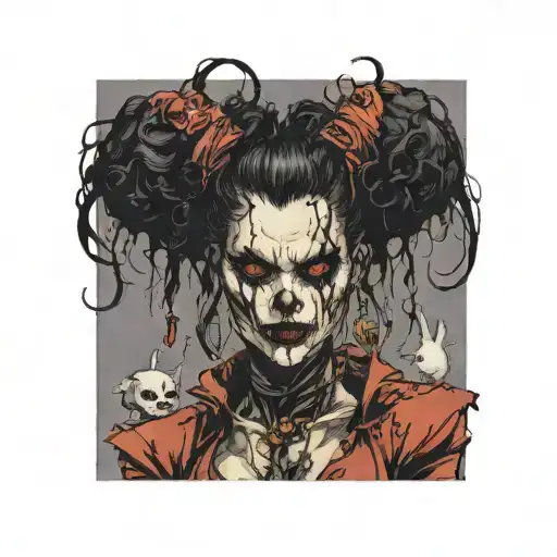 Diablo with bun and curly hair without beard kisses gentlegirl with straight hair tattoo design idea