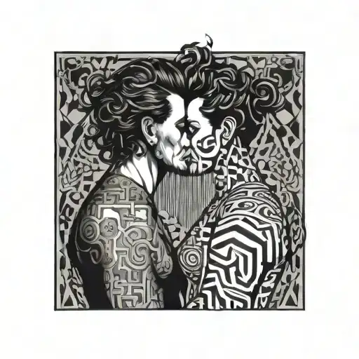 Devil man with bun and curly hair and gentlegirl kissing each other side tattoo design idea