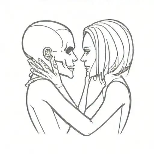 diablo skull and gentlegirl with straight hair kissing each other diablo's hand on the girl's neck tattoo design idea