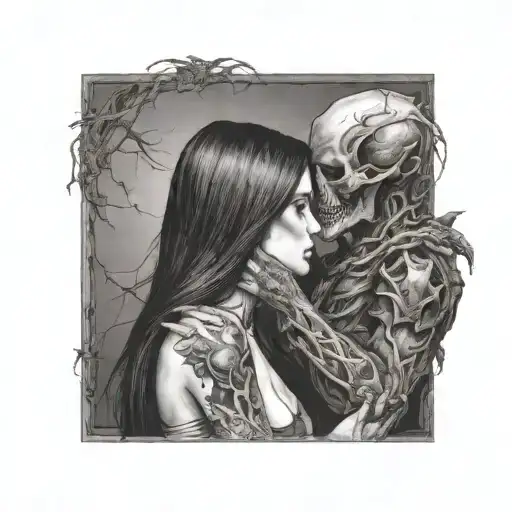 Diablo and gentlegirl with straight hair kissing each other with doablo's hand on girl's neck tattoo design idea