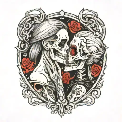 diablo skull and gentlegirl with straight hair kissing each other diablo's hand on the girl's neck diablo taller  tattoo design idea