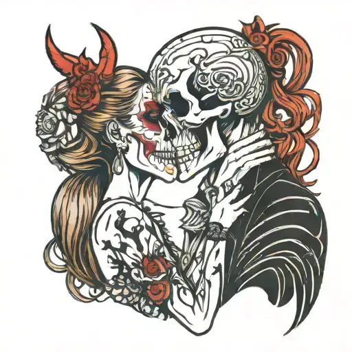 diablo skull and gentlegirl with straight hair kissing each other diablo's hand on the girl's neck tattoo design idea