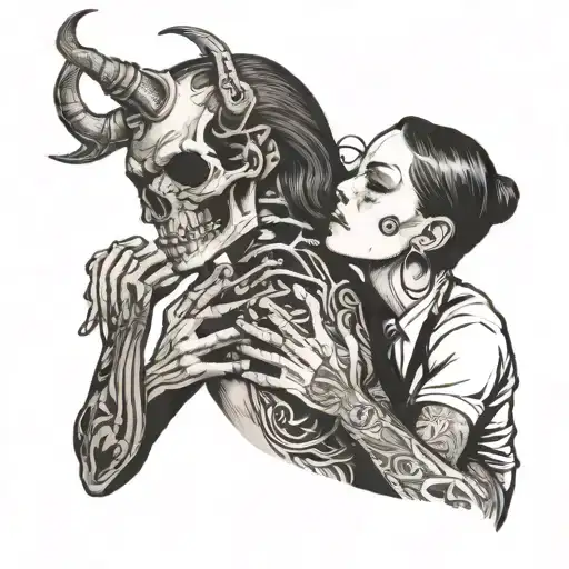 diablo skull and gentlegirl with streight hair kissing each other diablo's hand on the girl's neck tattoo design idea