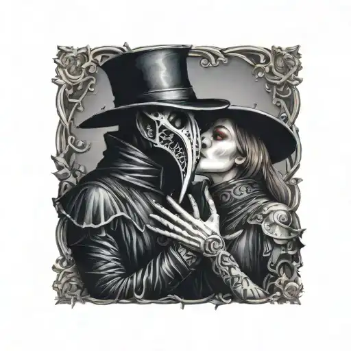 plague doctor with beautiful girl kissing each other with his hand on her neck tattoo design idea