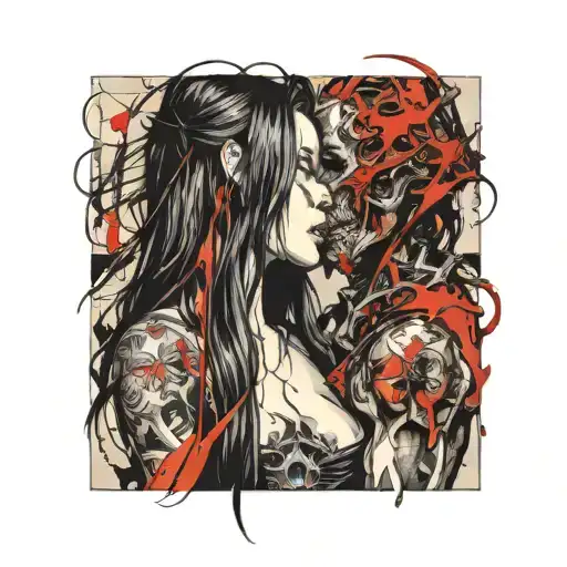 diablo  with hornes and girl with straight hair kissing each other, only hands of the diablo on the neck of the girl tattoo design idea