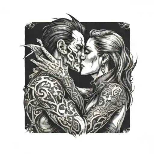 diablo and girl with straight hair kissing each other, only hands of the diablo on the neck of the girl tattoo design idea
