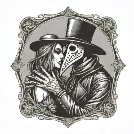 plague doctor with beautiful girl kiss each other with his hand on her neck tattoo design idea
