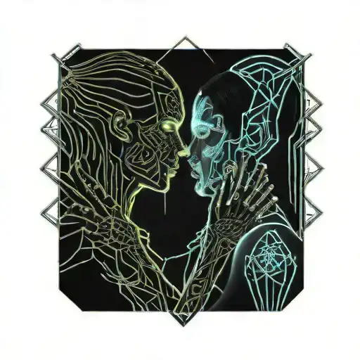 diablo and girl with straight hair kissing each other, only hands of the diablo on the neck of the girl tattoo design idea