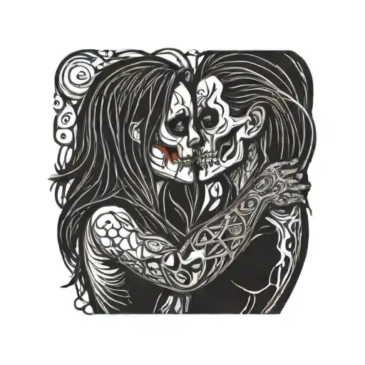 diablo skull and gentlegirl with straight hair kissing each other hands of the diablo on the neck of the girl tattoo design idea