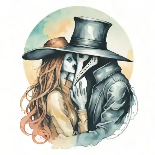 plague doctor with beautiful girl kiss each other with his hand on her neck tattoo design idea