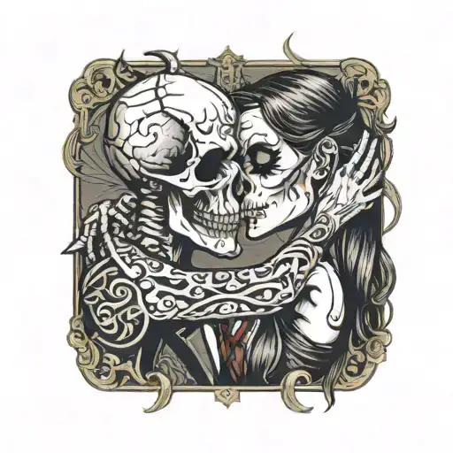 diablo skull and gentlegirl with straight hair kissing each other diablo's hand on the girl's neck tattoo design idea