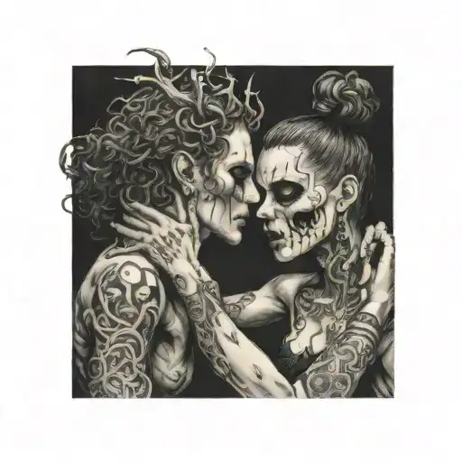Diablo with bun, curly hair without beard and gentlegirl with straight hair kissing each other tattoo design idea