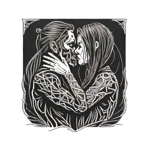 diablo and girl with straight hair kissing each other, hands of the diablo on the neck of the girl tattoo design idea