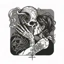 diablo skull and gentlegirl with straight hair kissing each other diablo's hand on the girl's neck tattoo design idea