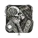 diablo skull and gentlegirl with straight hair kissing each other diablo's hand on the girl's neck tattoo design idea