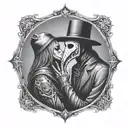 plague doctor with beautiful girl kiss each other with his hand on her neck tattoo design idea