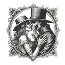 plague doctor with beautiful girl kiss each other with his hand on her neck tattoo design idea