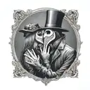 plague doctor with beautiful girl kiss each other with his hand on her neck tattoo design idea