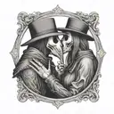 plague doctor with beautiful girl kiss each other with his hand on her neck tattoo design idea