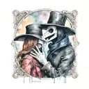 plague doctor with beautiful girl kiss each other with his hand on her neck tattoo design idea