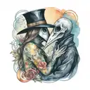plague doctor with beautiful girl kiss each other with his hand on her neck tattoo design idea
