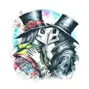 plague doctor with beautiful girl kiss each other with his hand on her neck tattoo design idea